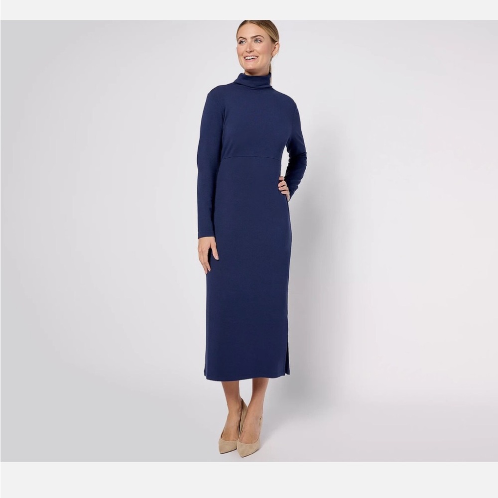 Women with Control Navy Turtleneck Long Sleeve Midi Dress